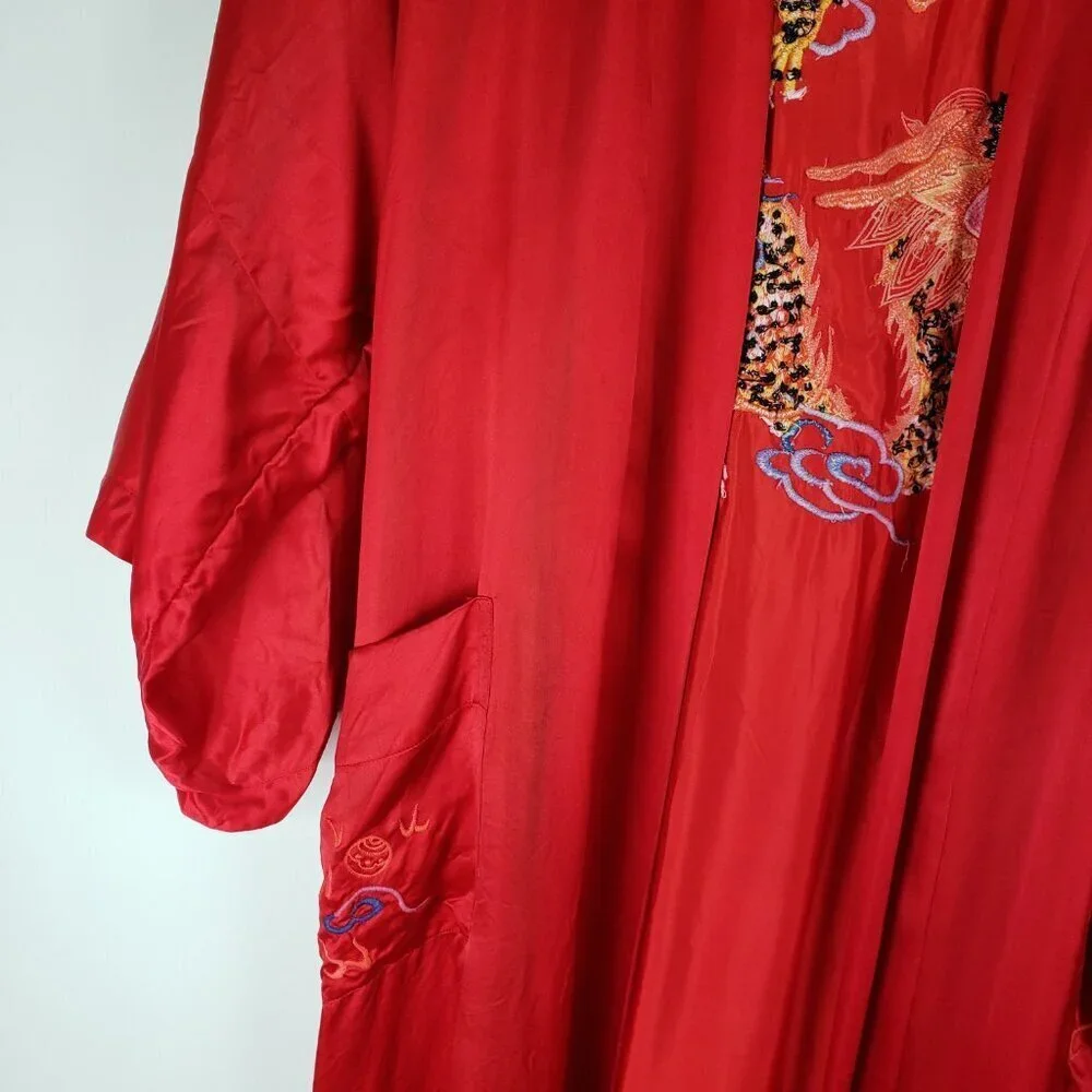 Vintage Pearls Red Silk Dragon Embroidered Long Robe Unisex Medium